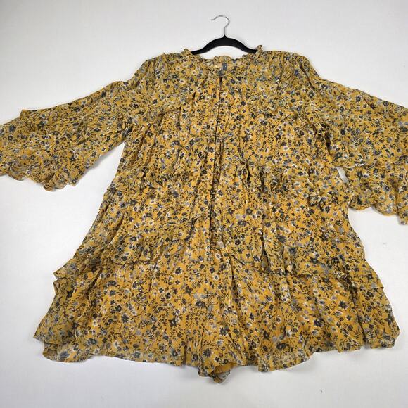Anthropologie Romper Womens Medium Yellow Floral Long Sleeve Ruffle Tiered Boho - Picture 3 of 16